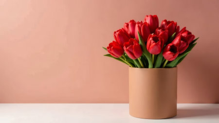 Red tulips are in a brown round box. space for textの素材