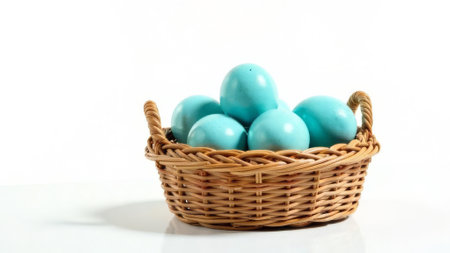 Wicker basket with blue Easter eggs on a white backgroundの素材
