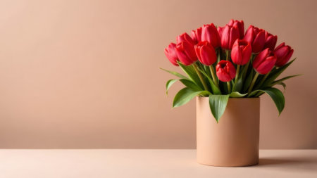 Red tulips are in a brown round box. space for textの素材