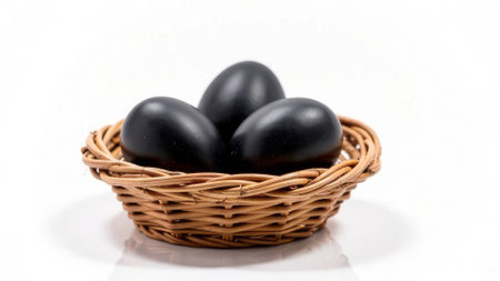 Black Easter eggs in a wicker basketの素材
