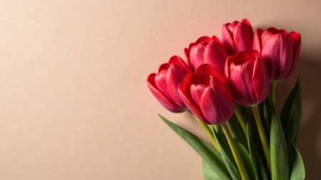 Bouquet of red tulips on a brown background. space for textの素材