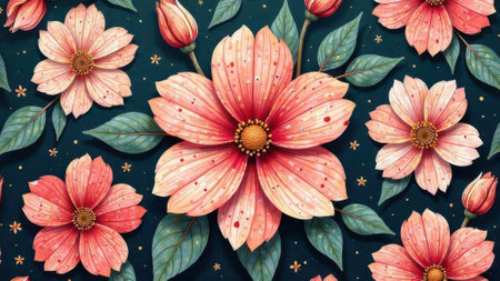 Lovely Floral Pattern of Red Flowers on Dark Backgroundの素材