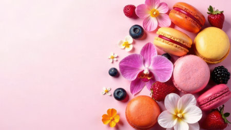On a pink background there are macaroons, flowers and fruitsの素材