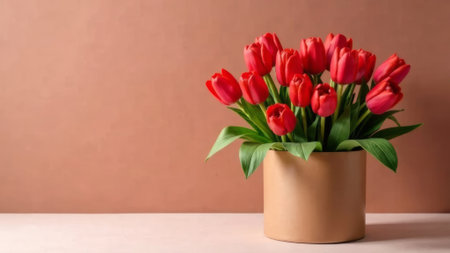 Red tulips are in a brown round box. space for textの素材