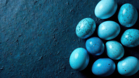Blue chicken eggs on a blue backgroundの素材