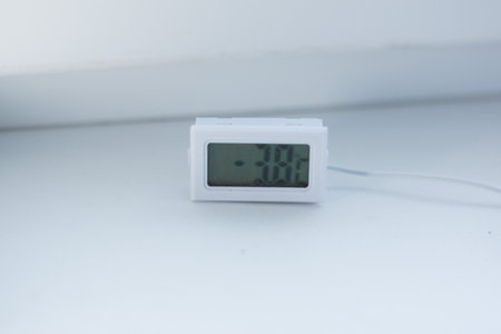 White electronic temperature meter on a white backgroundの写真素材