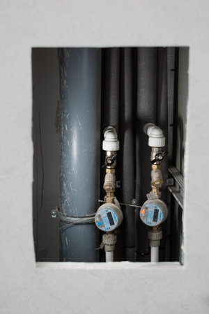 open plumbing hatch with water metersの写真素材