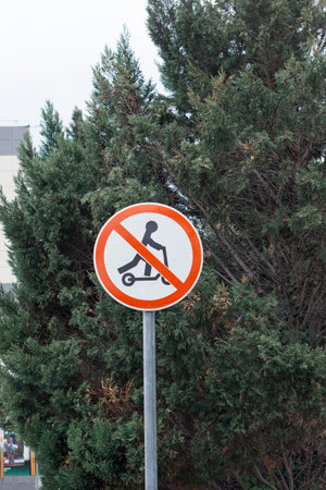 Sign in park with crossed out electric scooter. Ban on riding scooter in public place on street of modern city, rules for transportの写真素材
