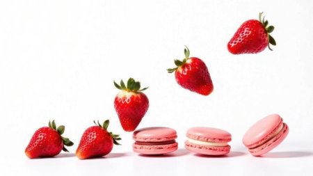 Pink macarons and strawberries fly and fallの素材