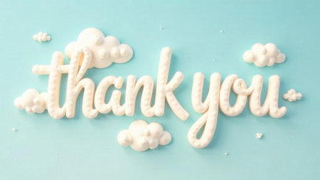 White "Thank you" on a blue background surrounded by cloudsの素材