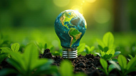 Light bulb with earth globe on soil ground and sunshine in green garden background.の素材