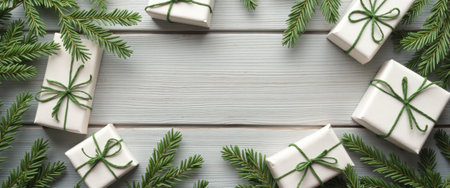 On a light wooden background lie white gift boxes and spruce branchesの素材