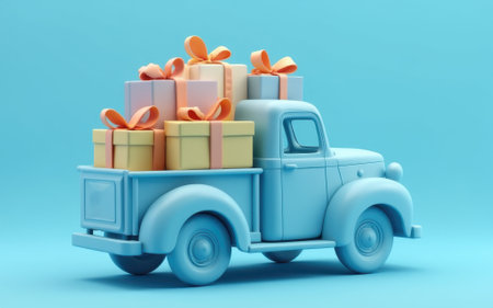 On a blue background there is a blue car with gift boxes in the backの素材