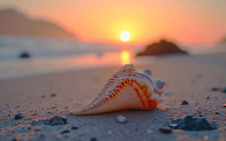 Against the background of the sunset ocean, a shell lies on the sandの素材