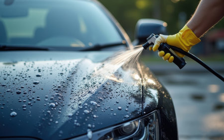 A gloved hand sprays water onto a wet, glistening surface, cleaning a carの素材