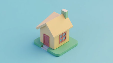 On a blue background there is a toy wooden houseの素材