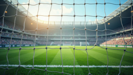 Football goal net, football field and stadium in the backgroundの素材