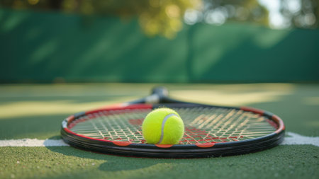 On the tennis court there is a tennis racket and a tennis ballの素材