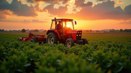 Red tractor driving through a field with green plants, setting sun in the backgroundの素材