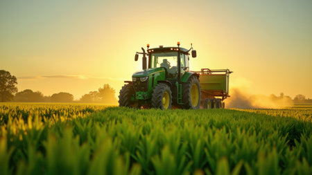 A green tractor plows a field against the background of the setting sunの素材