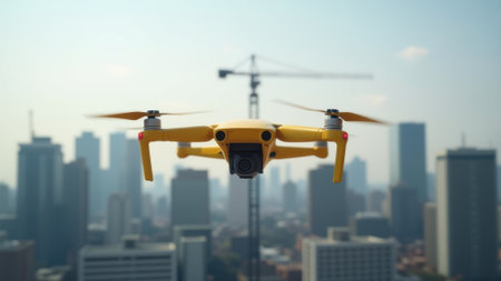 A yellow drone flies over the cityの素材