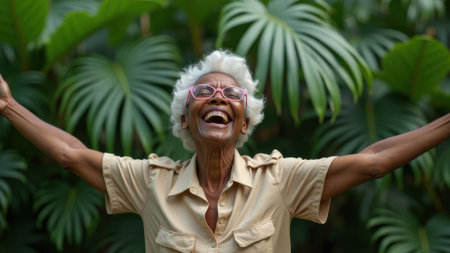 A dark-skinned elderly woman in glasses is standing against the background of palm leaves, her hands are raised up, she is smilingの素材