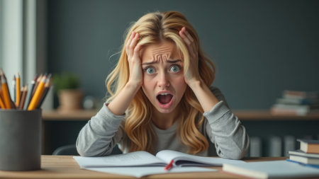 The girl is sitting at the table, anger is on her face and she is holding her head with her handsの素材