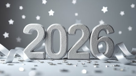 The numbers 2026 are silver on a gray background, next to confetti and tinselの素材