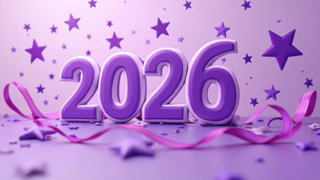 Purple Numbers 2026 on a Lilac Background with Confetti and Serpentineの素材