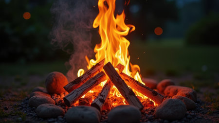 The vibrant flames dance around pieces of wood, casting a warm light in a peaceful outdoor setting.の素材