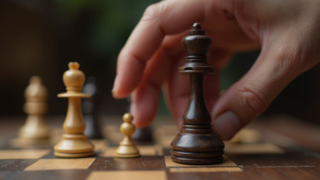 black wooden chess queen piece positioned on chessboard with hand reaching to move piece.の素材