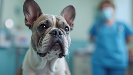 French bulldog with alert expression sits in veterinary clinic. Blurred medical professional in blue uniform in backgroundの素材