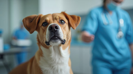 dog with alert expression sits in veterinary clinic. Blurred medical professional in blue uniform in backgroundの素材
