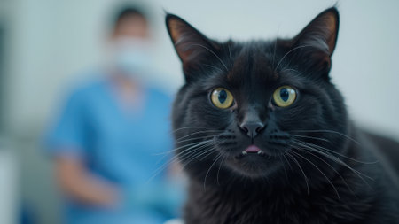 Black cat with alert expression sits in veterinary clinic. Blurred medical professional in blue uniform in backgroundの素材