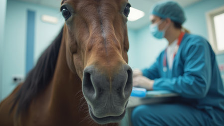 horse with alert expression sits in veterinary clinic. Blurred medical professional in blue uniform in backgroundの素材
