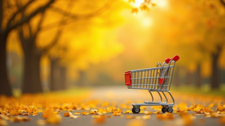 Empty metal shopping cart positioned on ground with yellow autumn maple leaves falling and tree branches overheadの素材