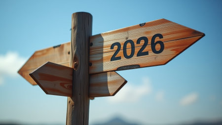 Signpost indicating the year 2026の素材