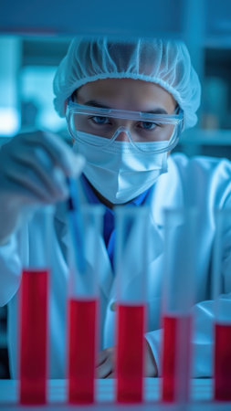 Young man in protective medical gear conducting scientific experiment with red liquid test tubesの素材