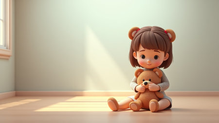 girl with teddy bear sitting on floor in empty roomの素材