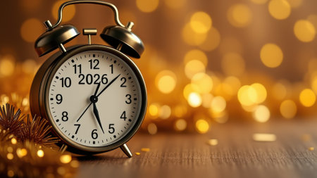 On the table there is an alarm clock with 2026 on the display, with a New Year's atmosphere in the backgroundの素材