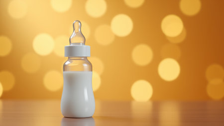 baby bottle with white formula stands against golden bokeh backgroundの素材