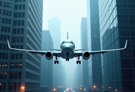 White passenger aircraft flying between tall skyscrapers in foggy, blue-tinted urban environment.の素材