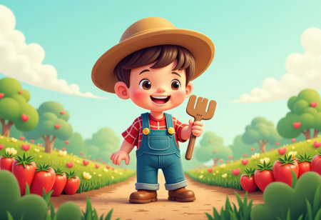 Cute cartoon farmer kid illustration.の素材