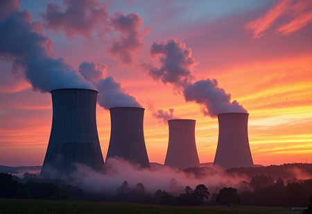 Four cooling towers stand prominently against a stunning sunset.の素材