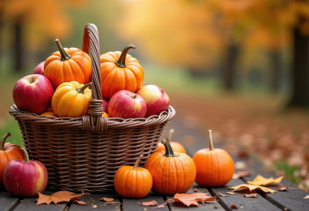 The vibrant basket filled with pumpkins and apples in autumn setting.の素材
