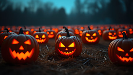 A large field of spooky jack o'lanterns with glowing evil faces sitting on straw during a scary Halloween night. Horror conceptの素材