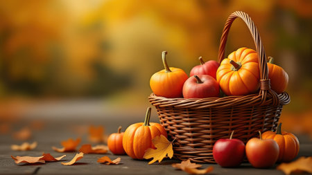 The vibrant basket filled with pumpkins and apples in autumn setting.の素材