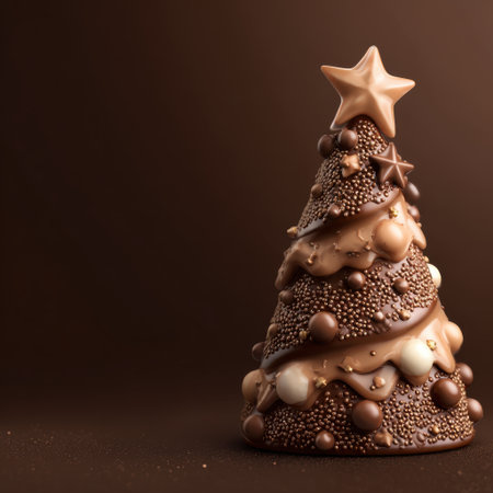 On a brown background, a Christmas tree made of chocolate. free space for the textの素材