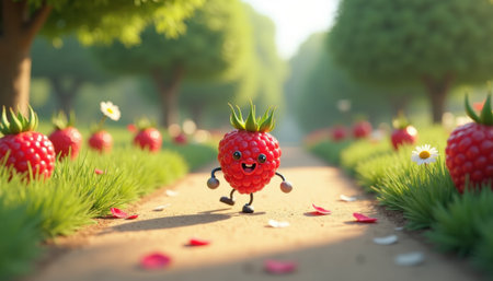 Raspberry running along the path in the summer parkの素材