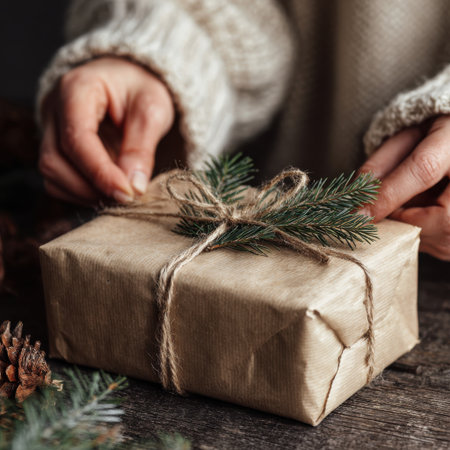 Close-up shot of hands wrapping a present with kraft paper, pine branches, and twineの素材